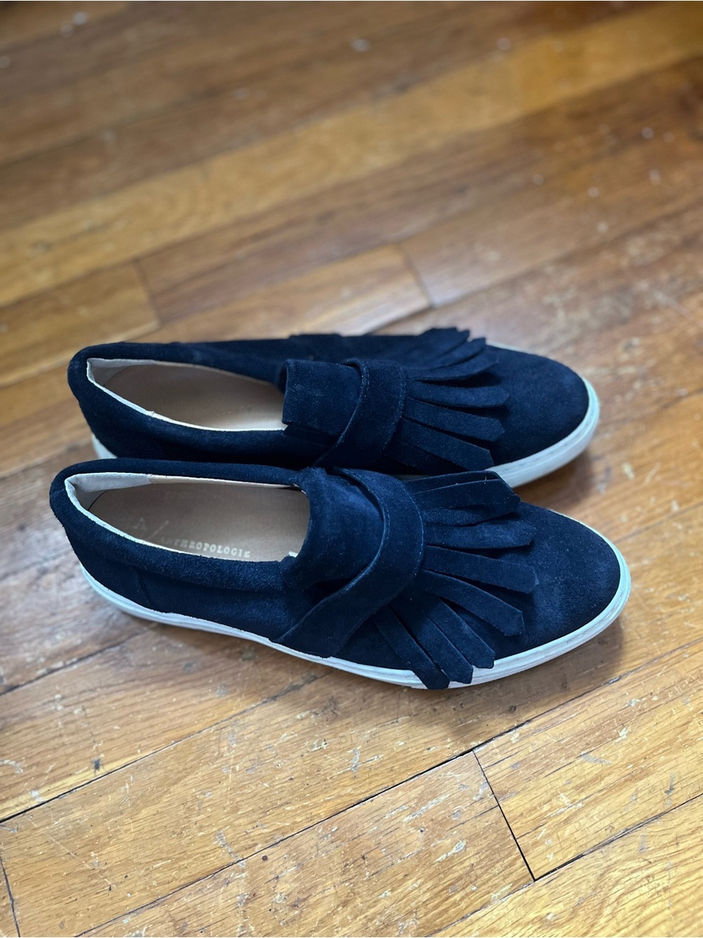 Anthropologie Navy Suede Fringe Slip-On leather Sneakers with White Sole